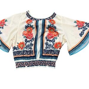 Jealous Tomato Floral and Geometric Print Blouse - Cream and Blue